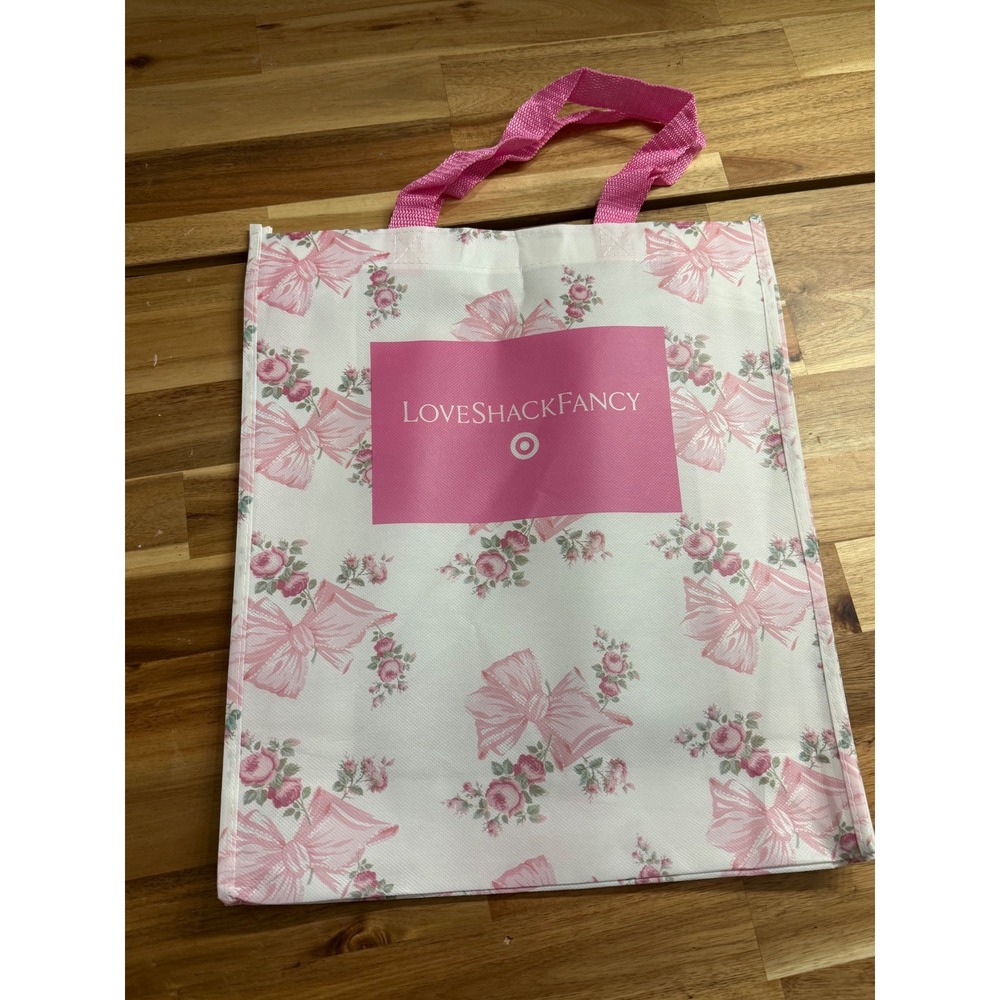 LoveShackFancy Target Reusable Tote Bag Pink Floral Bow Print Shopping Grocery
